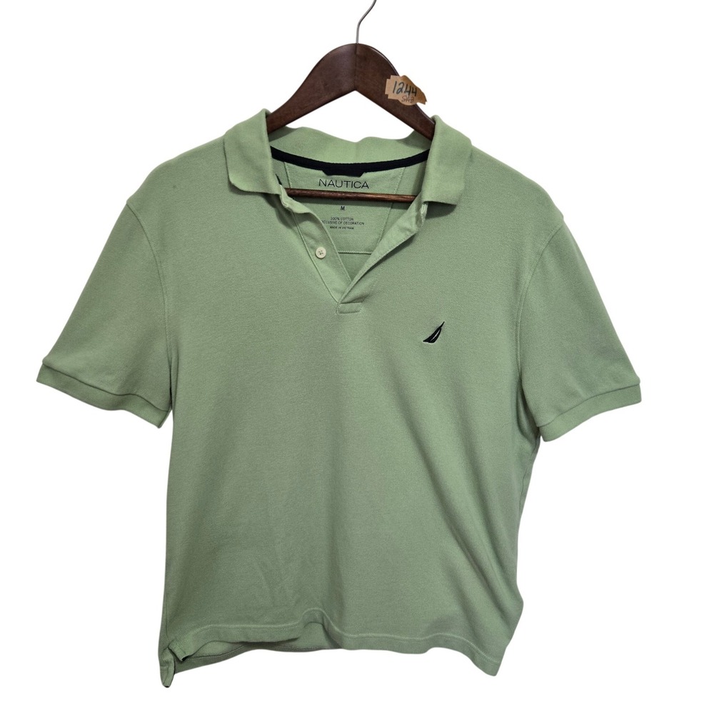 Nautica Mens Short Sleeve Pique Polo Shirt Sage Green Size M Cotton Logo 1244